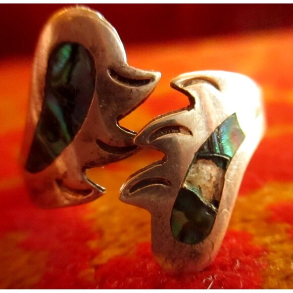 Vintage Sterling Silver & Abalone Inlay Adjustable Ring Taxco sz 12 Hippy Boho - Picture 1 of 8